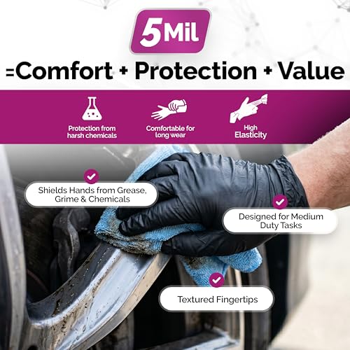 GripProtect Precise 5 Mil Black Nitrile Gloves – Chemical Resistant Nitrile Gloves with Textured Grip for Mechanics, Janitorial, Tattoo & Food Prep – Medical Grade Disposable Gloves, Large, 100 - size: L