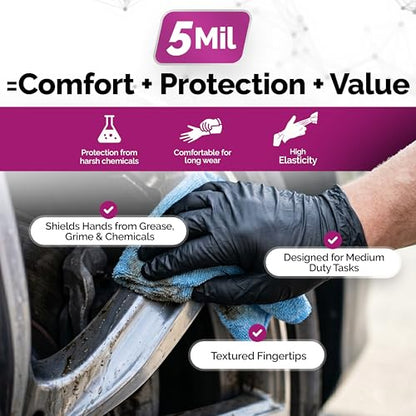 GripProtect Precise 5 Mil Black Nitrile Gloves – Chemical Resistant Nitrile Gloves with Textured Grip for Mechanics, Janitorial, Tattoo & Food Prep – Medical Grade Disposable Gloves, Large, 100 - size: L