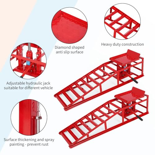 Heavy Duty Hydraulic Car & Truck Service Ramps, 2 Pack, 5 Ton (11000 lbs) Capacity - Adjustable Low Profile Lift 9.8"–16.21" - Ideal for Oil Changes and Garage Use - Red - color: Red
