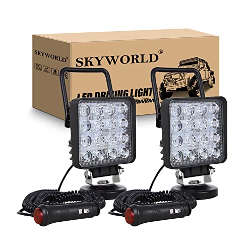 SKYWORLD Magnetic Mount LED Work Light, 2PCS 4 Inch 48W Square Flood Off Road Driving Fog Lamp 12V 24V with Portable Magnetic Base Holder for Truck Tractor Trailer Car Boat Engineering Vehicle - size: 2Pcs 4 Inch 48W Flood