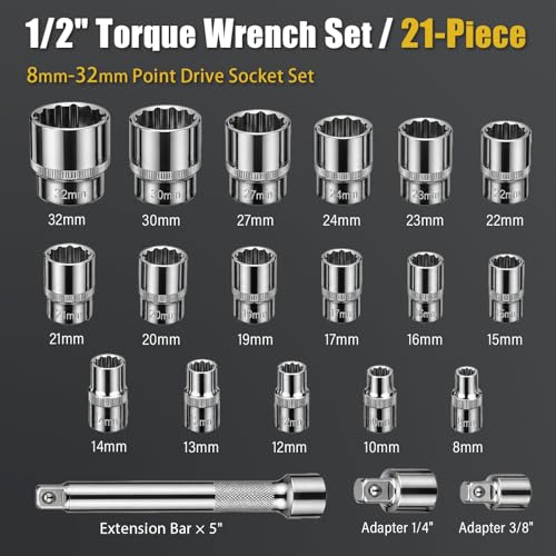 1/2-Inch Drive Click Torque Wrench Set – 15–165 ft-lb / 20–220 Nm, ±3% Precision, Dual Scale, Reversible Head for Car, Tire, and Motorcycle Use