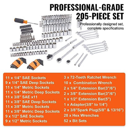 VEVOR Mechanics Tool Set, 205 Pcs SAE and Metric Sockets, 1/4" 3/8" 1/2" Drive Deep and Standard Sockets, Chrome Vanadium Steel, Polyethylene - size: 1/4"&3/8"&1/2", style: NEW 205 PC