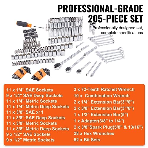 VEVOR Mechanics Tool Set, 205 Pcs SAE and Metric Sockets, 1/4" 3/8" 1/2" Drive Deep and Standard Sockets, Chrome Vanadium Steel, Polyethylene - size: 1/4"&3/8"&1/2", style: NEW 205 PC