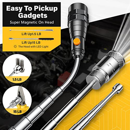 Magnetic Pickup Tool Set with 15lb & 1lb Pick Up Rod, Round & Square 360 Swivel Adjustable Inspection Mirror, Telescoping Flexible Flashlight, Dad Gifts, Birthday Gifts for Men Dad Husband - style: Black Magnetic Tool Set