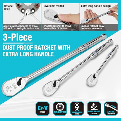 DURATECH 3-Piece Extra Long Drive Ratchet Handle, 1/4", 3/8", 1/2" 90-Tooth Ratchet Wrench with Dust Proof Teardrop Enclosed Head, Reversible, CR-V Steel Made, CR-MO Head, Full Polished, Gifts for Men - size: 1/4", 3/8", 1/2" Combo Kit