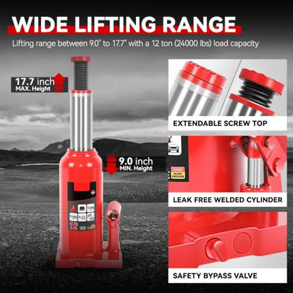 Auto Dynasty 12 Ton Hydraulic Bottle Jack, Automotive Welded Bottle Jack for Car, Pickup Truck, RV, Auto Repair, 9" to 18" Lifting Range (Red) - color: Red, size: 12 Ton