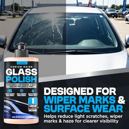 Durabasics Cerium Oxide Glass Polish – Glass Scratch Remover for Light Scratches, Haze & Wiper Marks on Windshields – Glass Polishing Compound with 3” Wool Felt Pad Kit – 16oz