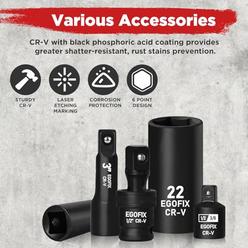 1/2" Drive Impact Socket Set 49 Piece, Standard and Deep Metric Socket (9-25mm, 27, 30, 32mm), Includes Extension Bars, Universal Joint and Adapter, 6 Point Design,Cr-V steel - style: 1/2-49PCS