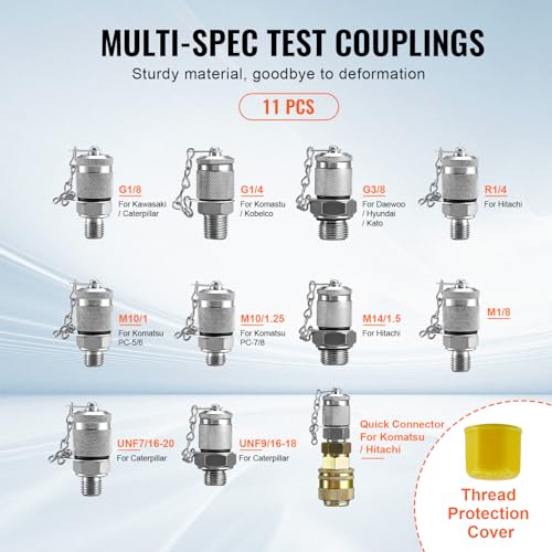 Hydraulic Pressure Test Kit, 250/400/600bar, 3 Gauges 11 Test Couplings 3 Test Hoses, Excavator Hydraulic Test Gauge Set with Portable Carrying Case for Excavator Tractors Construction Machinery | Excavator Hydraulic Test Gauge Set with Portable Carrying
