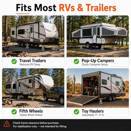 RV Stabilizer Jacks Set of 4, 7500 lbs Each Aluminum RV Stack Jacks, Adjustable 11"–17" Camper Stabilizer Jack Stands with Rubber Pads for Travel Trailers, Campers, Pop-Up Campers & Campsite Use