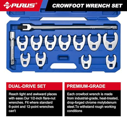 PURUS 13PCS 1/2 Drive Crowfoot Wrench Set, Large Sizes 20mm to 32mm Flare Nut Crow foot Wrenches with 14.7" Breaker Bar & 5" Extension Rod, Heavy Duty Mechanic Tools for Automotive & Truck Repair