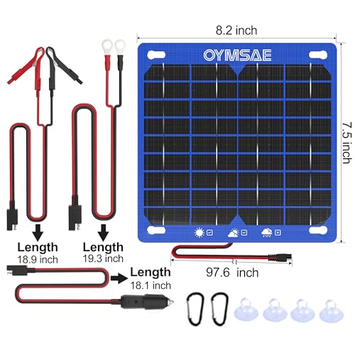 OYMSAE 12V 7.5W Solar Trickle Charger & Maintainer - Waterproof Battery Charger with Smart Controller for Car Boat RV Truck Marine - Includes Cigarette Plug & Alligator Clips - size: 7.5W