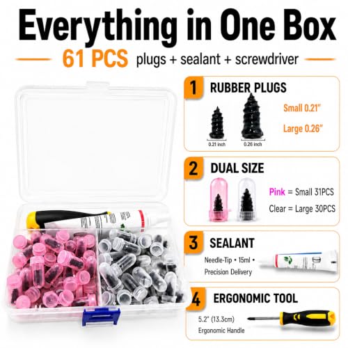 61 PCS Tire Repair Screws with Ergonomic Screwdriver & Sealant, 2026 New Heavy Duty Screw Tire Plug Kit，Flat Tire Repair Kit for Tubeless Tires on Cars, SUVs, Motorcycles, Trucks, ATVs & E-Bikes - size: 61PCS Kit