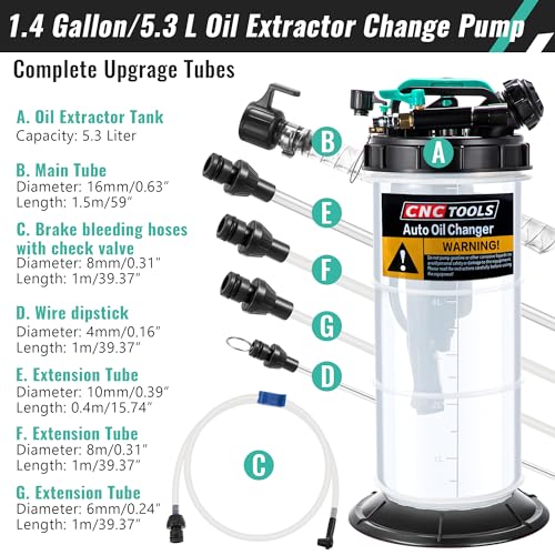Estune 5.3L Fluid Extractor Pump, 1.4 Gallon Pneumatic Manual Oil Extractor Pump for Oil Change, Oils Vacuum Pumps Extractors with 5 Pcs Brake Bleeding Hose for Cars, SUVs, Trucks, RVs, Motorcycles - size: 1.4 Gallon/5.3 L