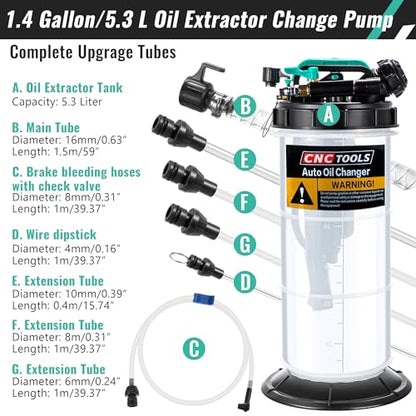 Estune 5.3L Fluid Extractor Pump, 1.4 Gallon Pneumatic Manual Oil Extractor Pump for Oil Change, Oils Vacuum Pumps Extractors with 5 Pcs Brake Bleeding Hose for Cars, SUVs, Trucks, RVs, Motorcycles - size: 1.4 Gallon/5.3 L