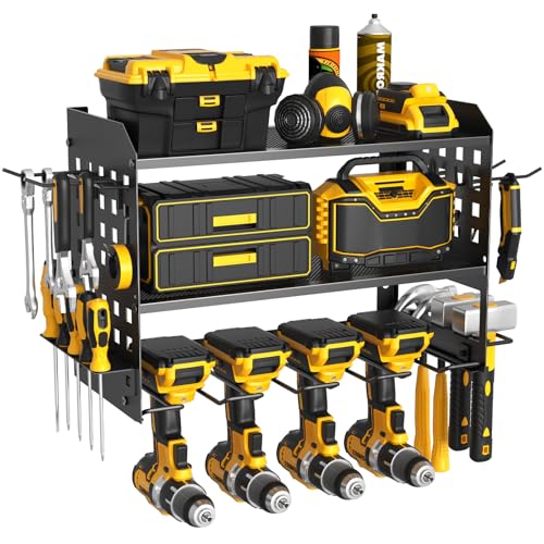 SUNALLY Power Tool Organizer, Heavy Duty Wall Mount Tool Organizer 3 Layers with 4 Drill Holders, Garage Tools Storage Rack with 2 Side Pegboards and Hooks for Workshop, Shed, Black - style: 4 Drill Holders C