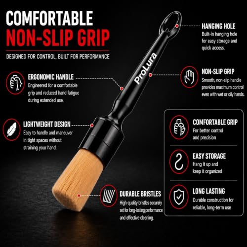 6PCS Car Detailing Brush Set - 2 Boar Hair Brushes, 2 Ultra Soft No-Scratch Brushes & 2 Medium Detail Brushes for Car Interior & Exterior Cleaning | ProLura Car Detailing kit