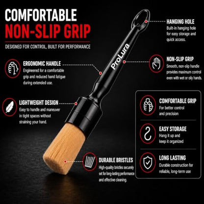6PCS Car Detailing Brush Set - 2 Boar Hair Brushes, 2 Ultra Soft No-Scratch Brushes & 2 Medium Detail Brushes for Car Interior & Exterior Cleaning | ProLura Car Detailing kit