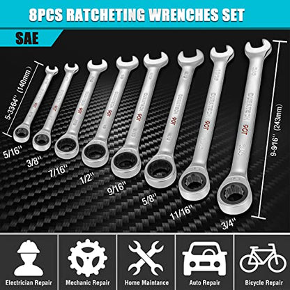 DURATECH 90-Tooth Ratcheting Wrench Set, Combination Wrench Set, 8-Piece, SAE, 5/16"-3/4", CR-V Steel, Organized in Wrench Rack - size: SAE