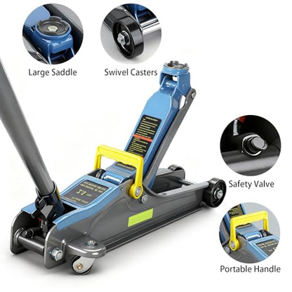 LARBANKE 2.5T Floor Jack, with Portable Carrying Handle and Reflective Strip, Lifting from 3.35" to 15.16", Low Profile Hydraulic Single Piston Quick Lift Pump, Blue