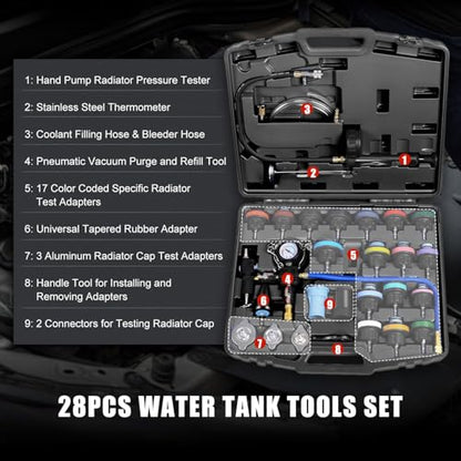 JIFETOR Radiator Coolant Pressure Tester Vacuum Refill Tool 28PCS Kit Black | Automotive Cooling System Manual Leak Test Pneumatic Purge Fill Set 21PCS Testing Adapter Cap Universal for Airlift Car Truck - color: Black Case