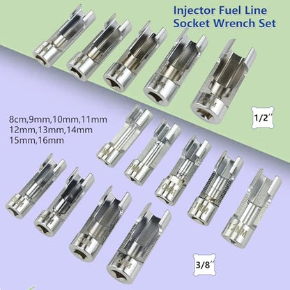14-Piece Metric Flare Nut Wrench Set, 3/8" & 1/2" Drive Fuel Line Socket Set for Diesel Injector, Automotive Brake Line Tools (8mm-22mm)