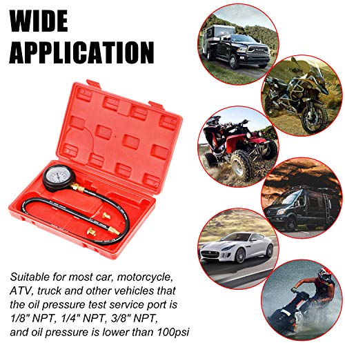JIFETOR Oil Pressure Tester Kit, Professional Engine Diagnostic Test, 100PSI Pressure Gauge Tool with Hose Adapter for Truck Car ATV - color: Red Case