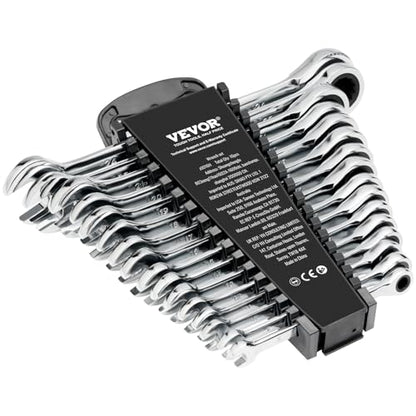 VEVOR Combination Wrench Set, 16-Piece Ratcheting Wrench Set with Organizer Rack, Cr-V Steel, Metric 8 mm to 24 mm, Ideal for General Household, Garage, Workshop, Auto Repairs, Emergency - size: 16PCS (Metric), style: Regular