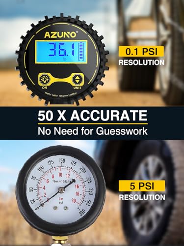 AZUNO Digital Tire Inflator with Pressure Gauge, 200 PSI, Heavy Duty Air Compressor Accessories, w/Rubber Hose Lock on Air Chuck and Quick Connect Coupler - size: 200PSI