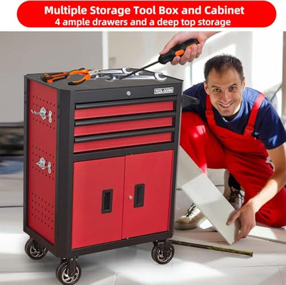 Rolling Tool Chest with Locking Wheels - Tool Box with 3 Drawers & 1 Big Tool Cabinet with 2 Door, 18.5" D x 28" W x 40" H Mobile Tool Storage Cabinet, Heavy-Duty Garage Organizer w/Ergonomic Handle - color: Red and Black