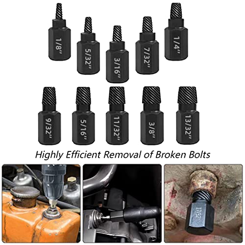 10 PCS Damaged Bolt Extractor Kit Heavy-Duty Screw and Bolt Extractor Drill Bit Set Hex Shank Rounded Bolt Remover Tools Easy Removal of Rusty and Broken Bolts for Automobile Repair