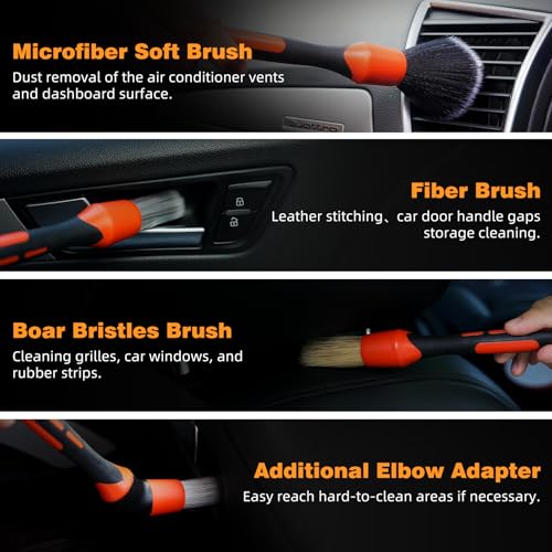 9PCS Car Detailing Brush, Horse Hair and Boar Bristle Brush Set with Elbow Adapter, Microfiber Wax Applicator Pads, Drying Towel and Cleaning Gel,Cleaning Kit for Interior Exterior