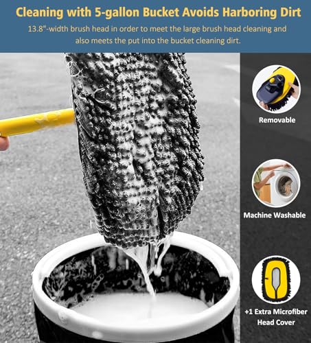 YeewayVeh Car Wash Brush Mop with Long Handle, 55" Car Wash Brush with 2 Replaceable Microfiber Mop Heads, 15° Curved Extension Pole Auto Cleaning Wash Kit for Truck SUV RV Camper, Yellow | Extra Microfiber Mop Head, Extension Pole, Scratch-Free Auto Clea