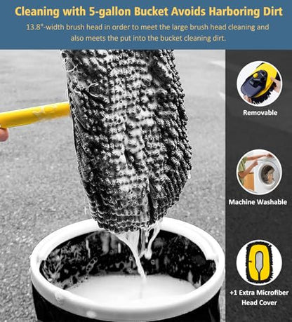YeewayVeh Car Wash Brush Mop with Long Handle, 55" Car Wash Brush with 2 Replaceable Microfiber Mop Heads, 15° Curved Extension Pole Auto Cleaning Wash Kit for Truck SUV RV Camper, Yellow | Extra Microfiber Mop Head, Extension Pole, Scratch-Free Auto Clea