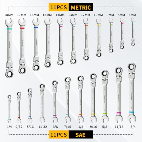 GRENPRO 23PCS Flex-Head Ratcheting Wrench Set, Combination Ratchet Wrenches Set Metric and Standard & SAE with Organizer Box, 6-18mm & 1/4" to 3/4" with Color Ring, CRV Socket Mechanic Tools Sets - style: 23PCS Flex-Head Ratcheting Wrench Set