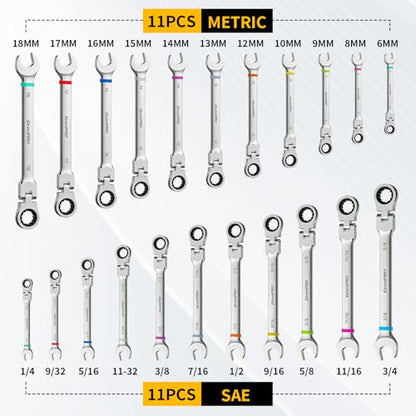 GRENPRO 23PCS Flex-Head Ratcheting Wrench Set, Combination Ratchet Wrenches Set Metric and Standard & SAE with Organizer Box, 6-18mm & 1/4" to 3/4" with Color Ring, CRV Socket Mechanic Tools Sets - style: 23PCS Flex-Head Ratcheting Wrench Set