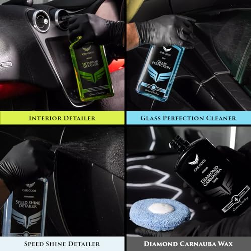 Car Gods 8 Piece Car Cleaning Detailing Kit - Shampoo - Carnauba Wax - Wheel Cleaner - Shine Detailer - Fallout Eliminator - Tyre Serum - Interior Detailer - Glass Cleaner