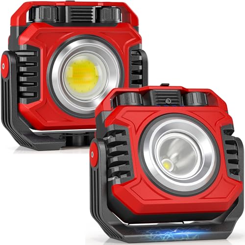 Samyoung 2-Pack 2400LM Magnetic Rechargeable LED Work Light, Up to 80 Hours | Dual-Sided, Stepless Dimming 2700K-8000K, Magnetic Flashlight with 360° Rotating Stand & Hook, Car Repair, Emergency, Red - color: Red