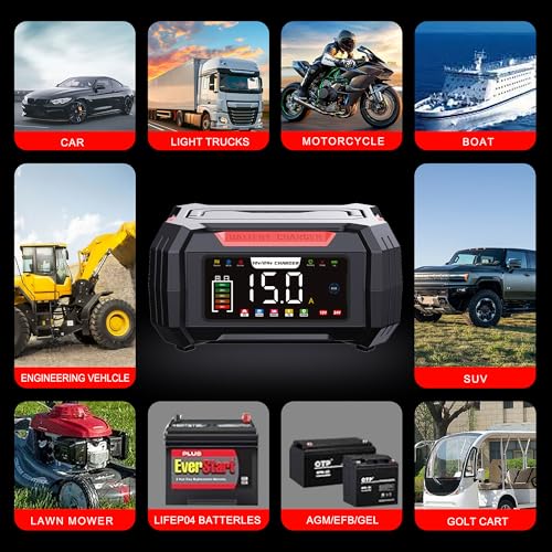 15-Amp Battery Charger, 12V/24V Smart Trickle Charger & Maintainer Red | 9 stage charging, Memory Function, Temperature Compensation, Pulse Repair, for Lead Acid LiFePO4, Various Vehicles Boat