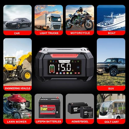 15-Amp Battery Charger, 12V/24V Smart Trickle Charger & Maintainer Red | 9 stage charging, Memory Function, Temperature Compensation, Pulse Repair, for Lead Acid LiFePO4, Various Vehicles Boat