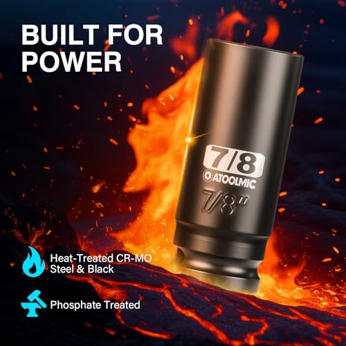 1/2" Drive x 7/8 Inch Deep 6PT CR-MO Impact Socket for Removing Axle nut | SAE Socket,6-Point Radius Corner Design,Two Size Markings,Square Chamfered Opening,For Removal of Axle Nut - size: 7/8 Inch, style: 1/2" Drive Deep Socket