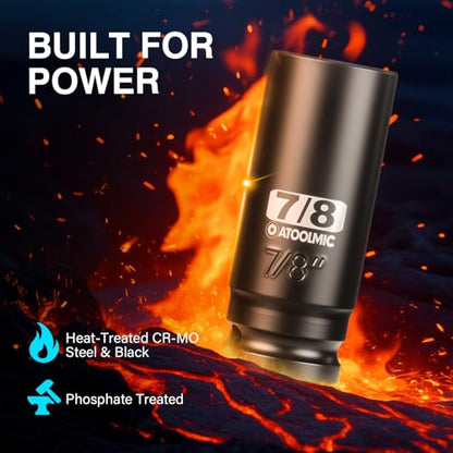1/2" Drive x 7/8 Inch Deep 6PT CR-MO Impact Socket for Removing Axle nut | SAE Socket,6-Point Radius Corner Design,Two Size Markings,Square Chamfered Opening,For Removal of Axle Nut - size: 7/8 Inch, style: 1/2" Drive Deep Socket