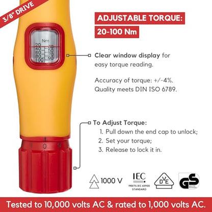 FESA Electrician Insulated Torque Wrench (3/8" Drive, 20-100 Nm Range) | w/Easy Torque Adjustment & Scale Display - Each Insulated Wrench Has ID for Traceability - style: 3/8" Drive, 20-100 Nm Range
