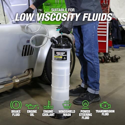 OEMTOOLS Manual Fluid Extractor Pump, 9.5L Oil Extractor Pump, 5ft Hose | 41" Extended Dipstick Hose Adapters, Oversized Handle, Overflow Shutoff Valve, Leak Proof Bottom for Low Viscosity Fluids - size: 9.5 Liter
