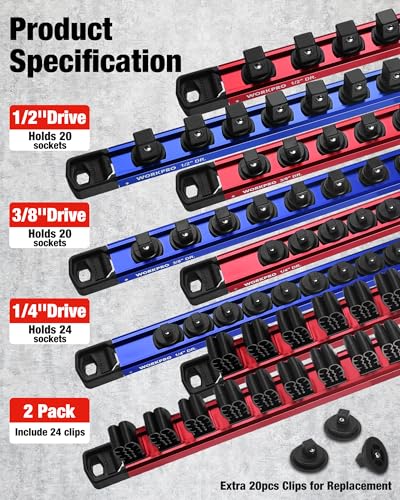 WORKPRO 8-Piece Magnetic Socket and Screwdriver Organizer Set | 6-Piece 1/4", 3/8" & 1/2" Drive Metric & SAE Socket Rails, 2-Piece Screwdriver and Wrench Holders - size: 6pc Socket Rail & 2pc Screwdriver Rail