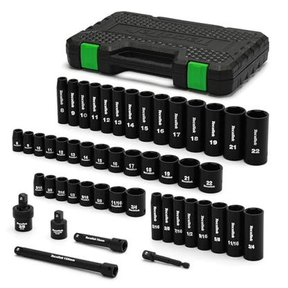 TecoTek 3/8" Drive Impact Socket Set, 49-Piece Standard SAE (5/16"-3/4") and Metric (8mm-22mm), 6 Point, Cr-V, Extension Bars, 1/2" F to 3/8" M Reducer, Universal Joint and Power Drill Adapter - size: 3/8" Drive 49pcs Impact Socket Set