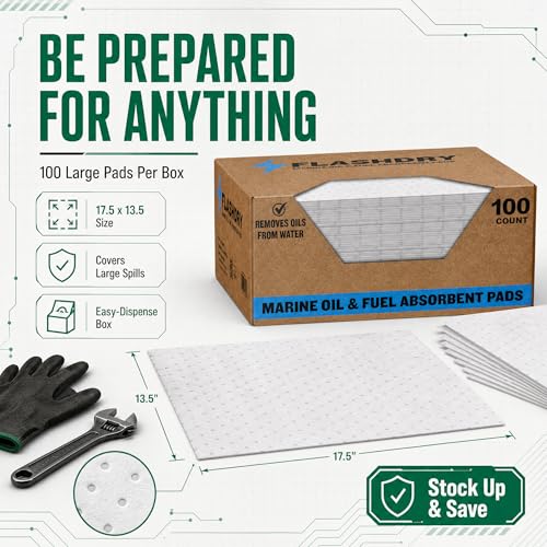 FLASHDRY Marine Oil Spill Absorbent Pads, 100-Count Oil Control Pads, 17.5" x 13.5" - Fuel, Diesel & Bilge Water Cleanup, Water-Repellent, Eco-Friendly, Tear-Resistant Hydrocarbon Absorption - size: 100 Pads - 2mm