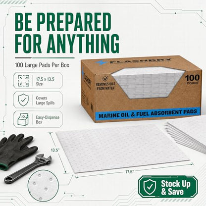 FLASHDRY Marine Oil Spill Absorbent Pads, 100-Count Oil Control Pads, 17.5" x 13.5" - Fuel, Diesel & Bilge Water Cleanup, Water-Repellent, Eco-Friendly, Tear-Resistant Hydrocarbon Absorption - size: 100 Pads - 2mm