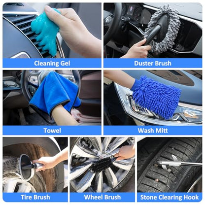 44Pcs Car Wash Detailing Kit Cleaning Kits with Foam Gun Sprayer Wash Mop with Long Handle Collapsible Bucket Large Wash Mitt Towels Complete Interior Exterior Car Washing Supply Set Blue - color: Blue