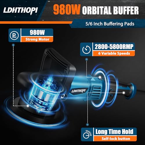 LDHTHOPI Dual Action Polisher, 980W 5/6 Inch, 9MM Random Orbital Buffer Polisher for Car Detailing, 2800-5800RMP, 6 Variable Speed Buffer Polisher with 8 Detachable Pads - size: 980W Dual Action Polisher